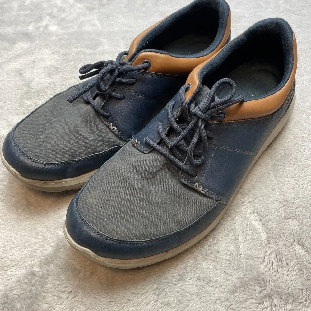 Crocs Mens Kinsale Canvas Sneakers Shoes Sz 11 Navy Tan Nautical Preppy Lace Up
